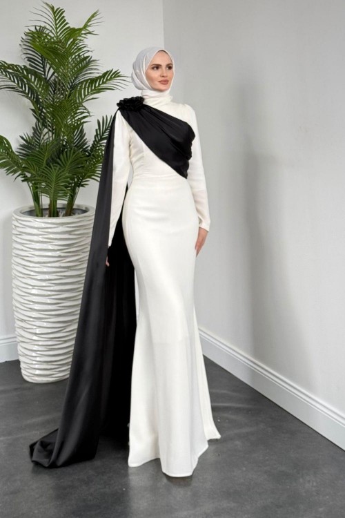 Castilya Pelerinli Omzu Gül Abiye Krem