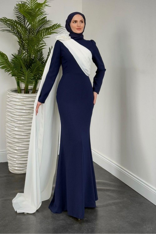 Castilya Pelerinli Omzu Gül Abiye Lacivert