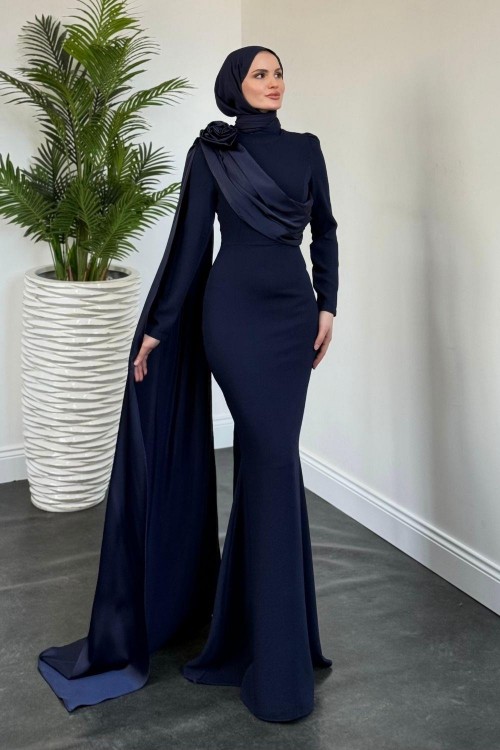 Castilya Pelerinli Omzu Gül Abiye Navy Blue