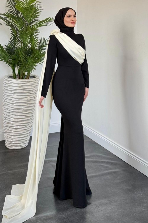 Castilya Pelerinli Omzu Gül Abiye Siyah (Krem Pelerinli)