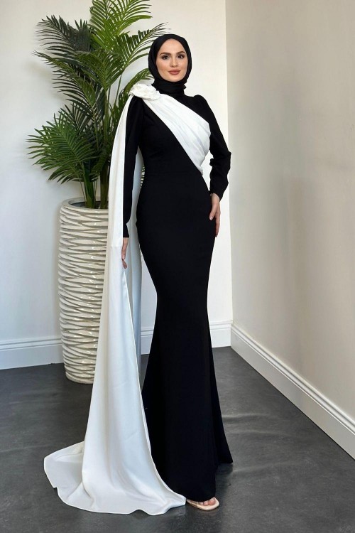 Castilya Pelerinli Omzu Gül Abiye Siyah