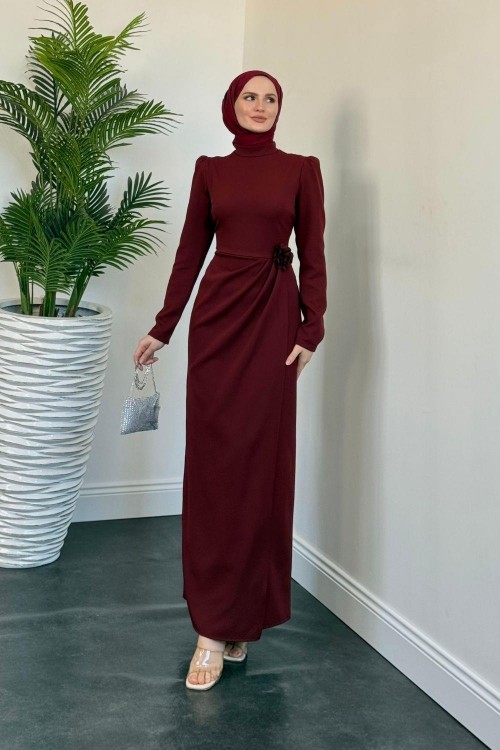 Catalina Yanı Güllü Elbise Bordo