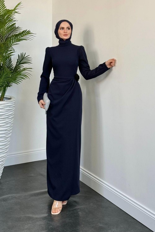 Catalina Yanı Güllü Elbise Lacivert