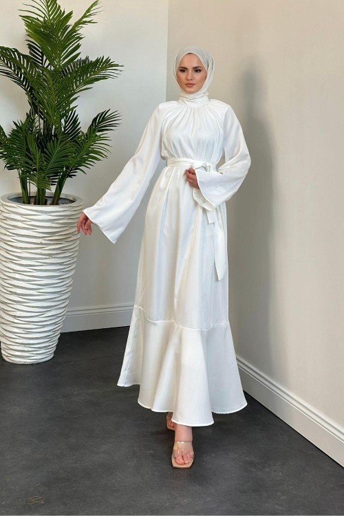 Caverna Altı Volan Saten Elbise Beyaz