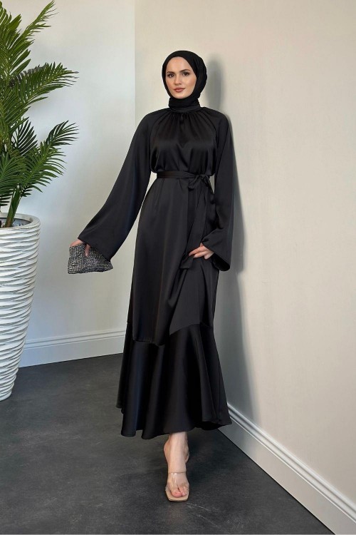 Caverna Altı Volan Saten Elbise Siyah