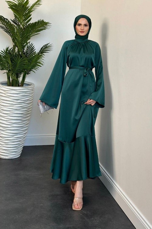 Caverna Altı Volan Saten Elbise Zümrüt