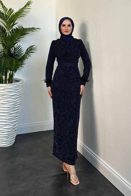 Celestina Simli Kruvaze Taş Detaylı Abiye Lacivert