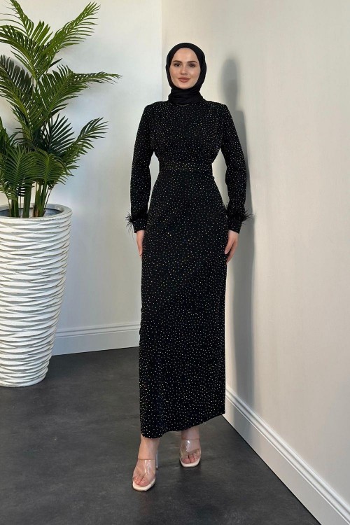 Celestina Simli Kruvaze Taş Detaylı Abiye Siyah