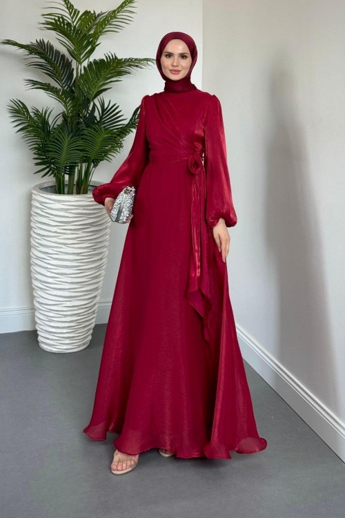 Celia Yandan Bağlamalı Janjan Abiye Bordo