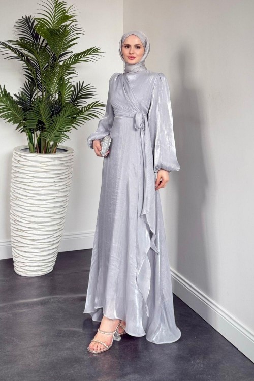 Celia Yandan Bağlamalı Janjan Abiye Gri