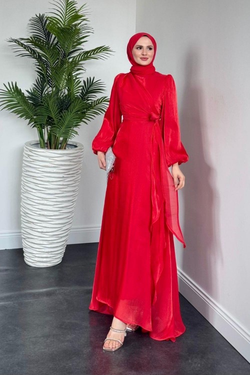 Celia Yandan Bağlamalı Janjan Abiye Kırmızı