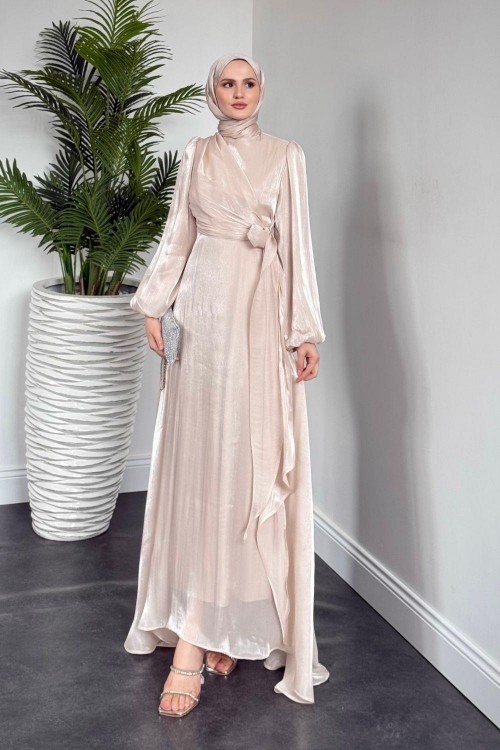 Celia Yandan Bağlamalı Janjan Abiye Krem