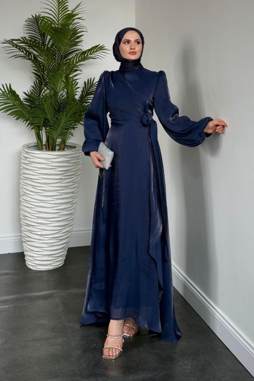 Celia Yandan Bağlamalı Janjan Abiye Lacivert