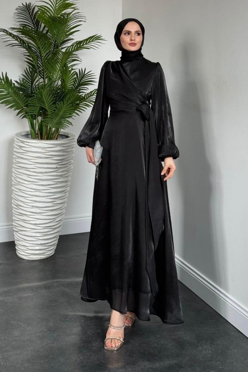 Celia Yandan Bağlamalı Janjan Abiye Siyah