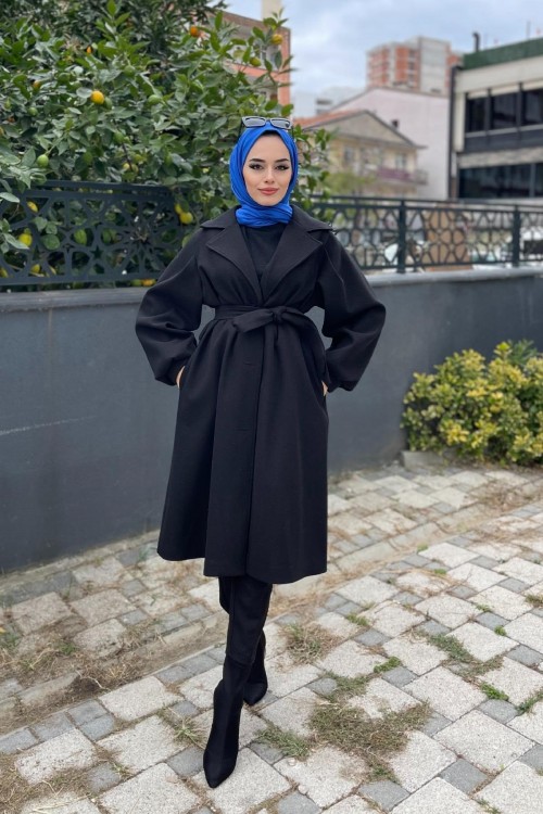 Cepli Düğmeli Kaşe Kaban Siyah