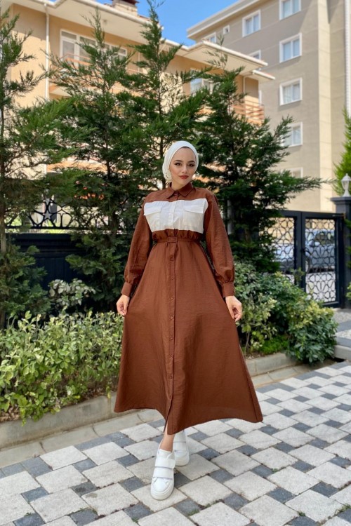 Cepli İki Renkli Elbise Kahverengi