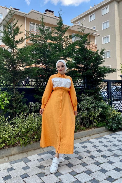 Cepli İki Renkli Elbise Turuncu