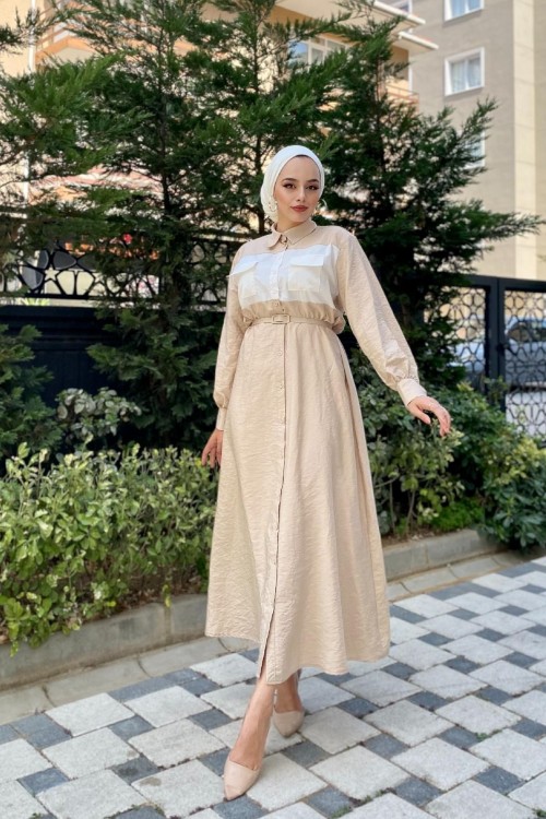 Cepli İki Renkli Elbise Vizon