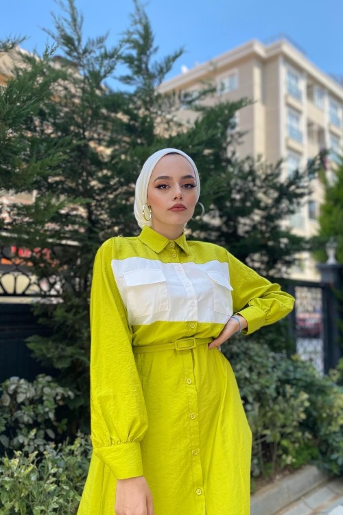 Cepli İki Renkli Elbise Yağ Yeşili