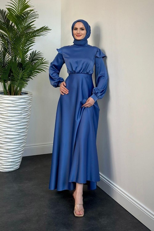 Cera Omzu Fırfır Saten Abiye Bebe Mavisi