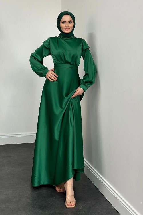 Cera Omzu Fırfır Saten Abiye Benetton Yeşili