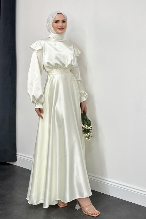 Cera Omzu Fırfır Saten Abiye Beyaz