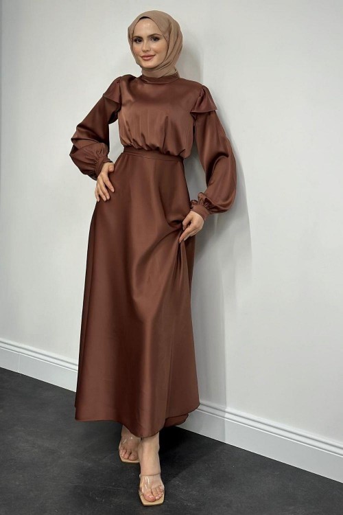 Cera Omzu Fırfır Saten Abiye Kahve