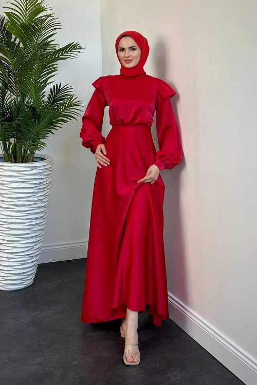 Cera Omzu Fırfır Saten Abiye Kırmızı