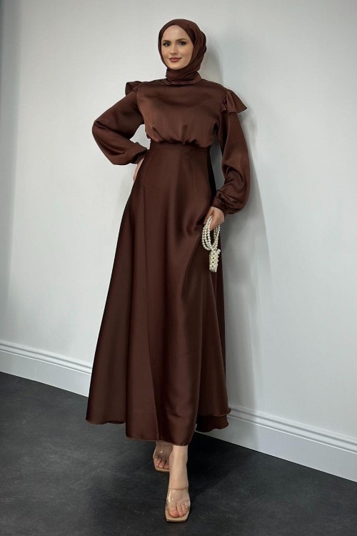 Cera Omzu Fırfır Saten Abiye Koyu Kahve