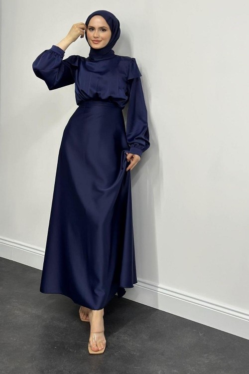 Cera Omzu Fırfır Saten Abiye Lacivert