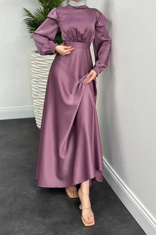 Cera Omzu Fırfır Saten Abiye Leylak