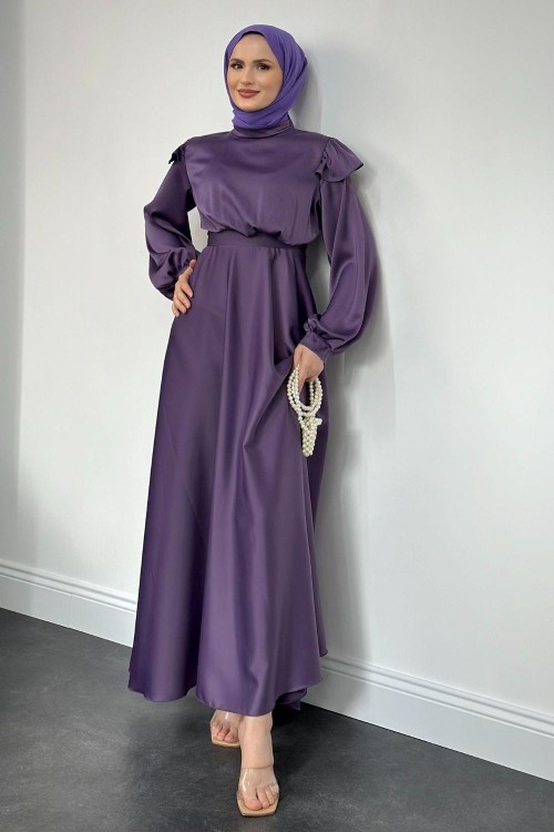 Cera Omzu Fırfır Saten Abiye Lila