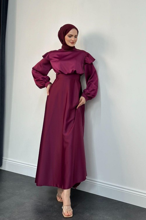 Cera Omzu Fırfır Saten Abiye Mor