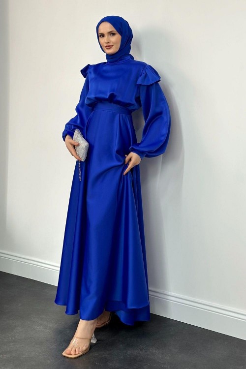 Cera Omzu Fırfır Saten Abiye Saks Mavisi