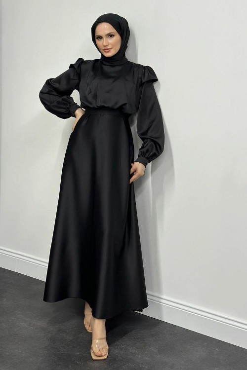 Cera Omzu Fırfır Saten Abiye Siyah