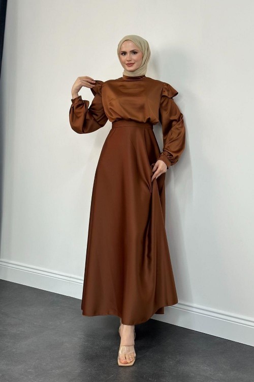 Cera Omzu Fırfır Saten Abiye Taba