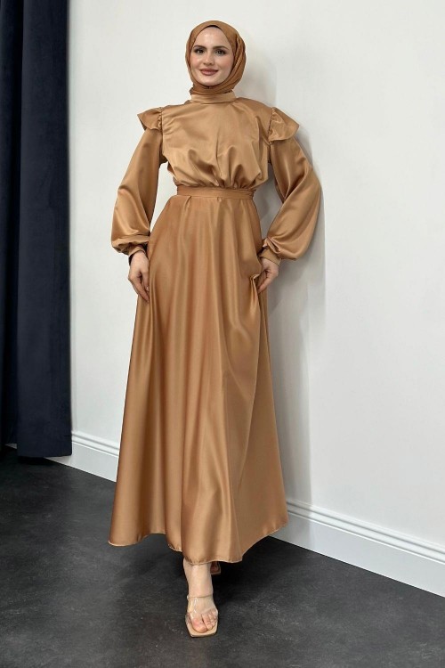 Cera Omzu Fırfır Saten Abiye Tarçın