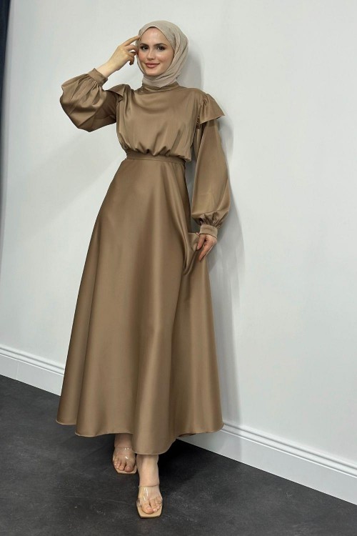 Cera Omzu Fırfır Saten Abiye Vizon