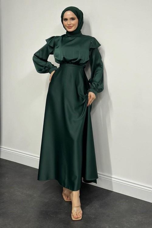 Cera Omzu Fırfır Saten Abiye Zümrüt