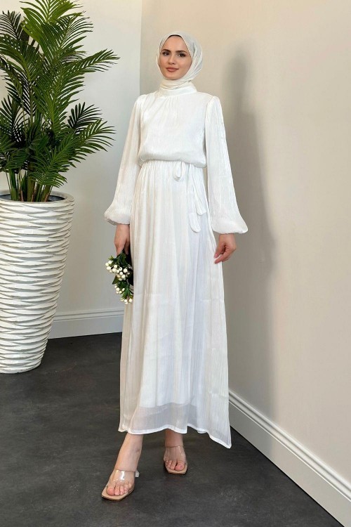 Chester Beli Büzgülü Janjan Abiye Beyaz