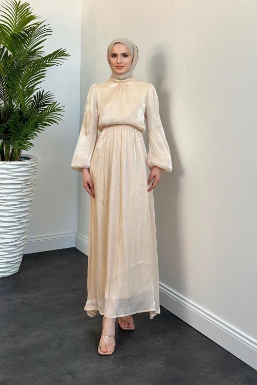 Chester Beli Büzgülü Janjan Abiye Krem