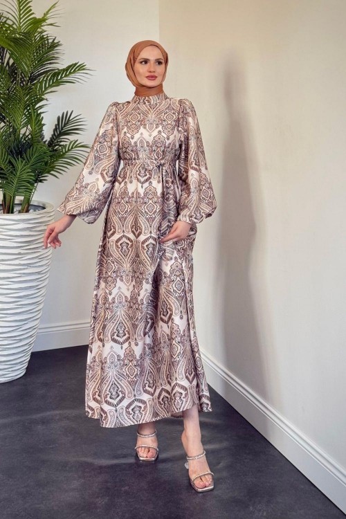 Lilsa Şal Desen Saten Abiye Krem