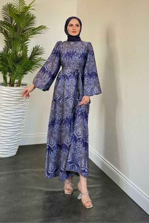 Lilsa Şal Desen Saten Abiye Mavi