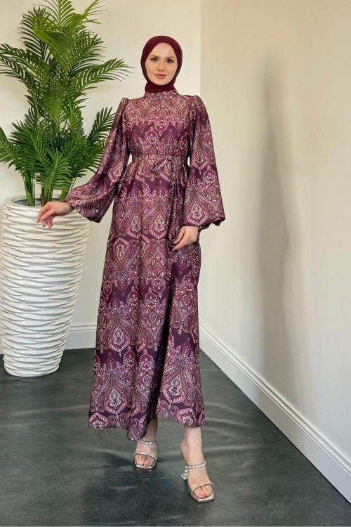 Lilsa Şal Desen Saten Abiye Mürdüm