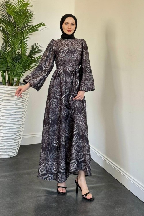 Lilsa Şal Desen Saten Abiye Siyah