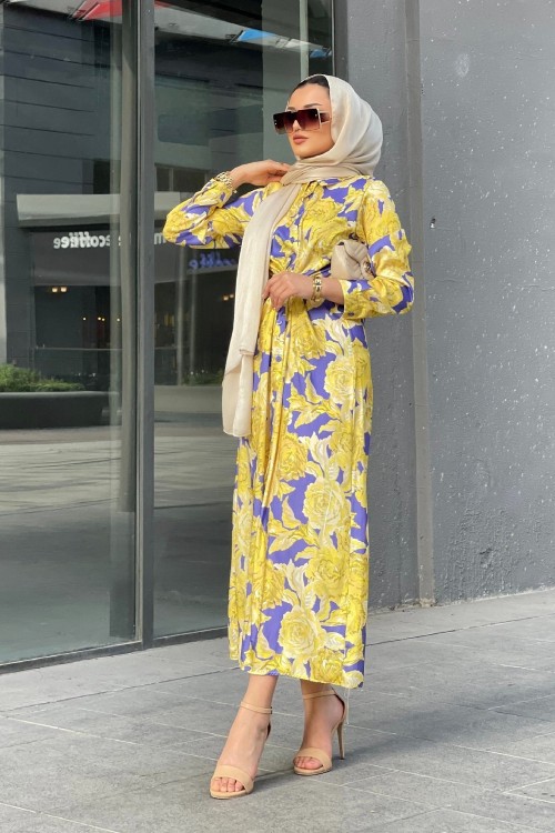 Çiçek Desenli Bağlamali Elbise Yağ Yeşili