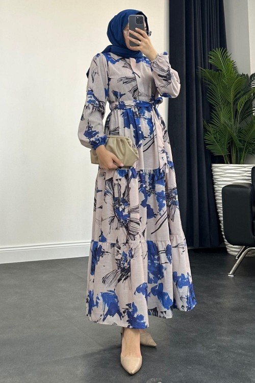 Çiçek Desenli Elbise Mavi