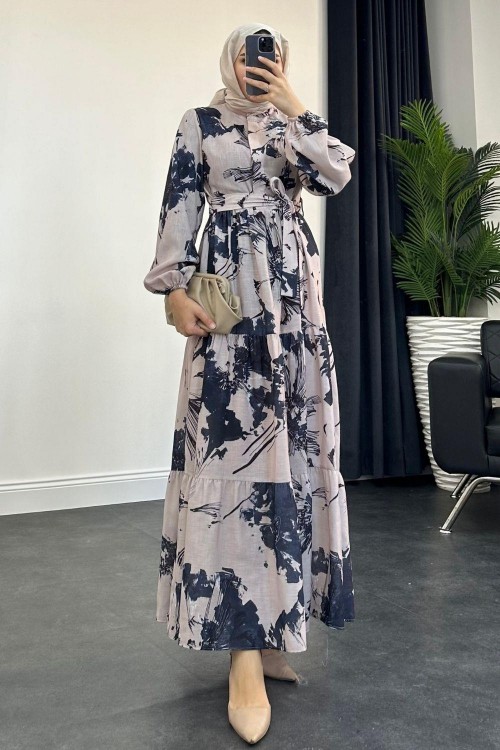 Çiçek Desenli Elbise Siyah