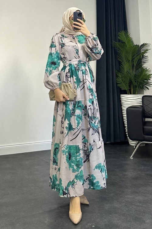 Çiçek Desenli Elbise Yeşil