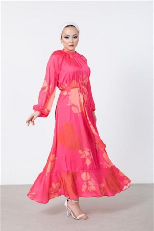 Çiçek Desenli Saten Elbise Pembe